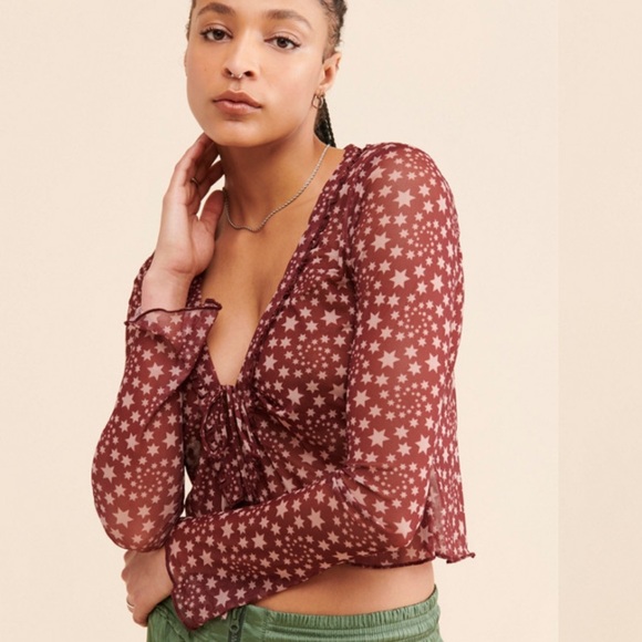 Free People Tops - Free People Marne Tie Too Star Shirt Sheer Burgundy Size M